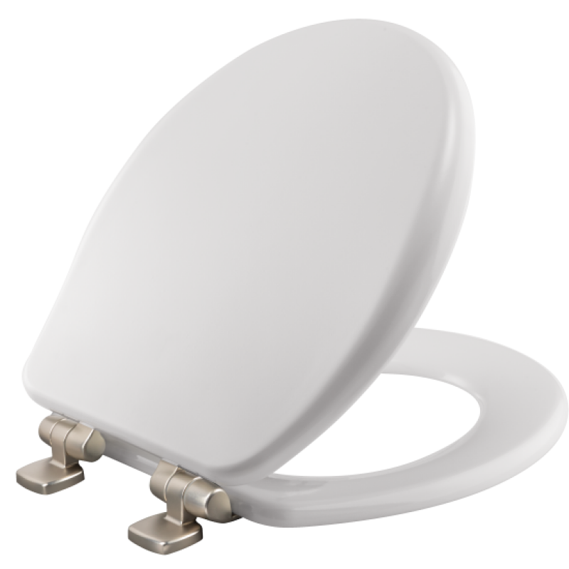 Alesio Never Loosens Enameled Wood Round Closed Front Toilet Seat in White  with Soft Close Brushed Nickel Hinges